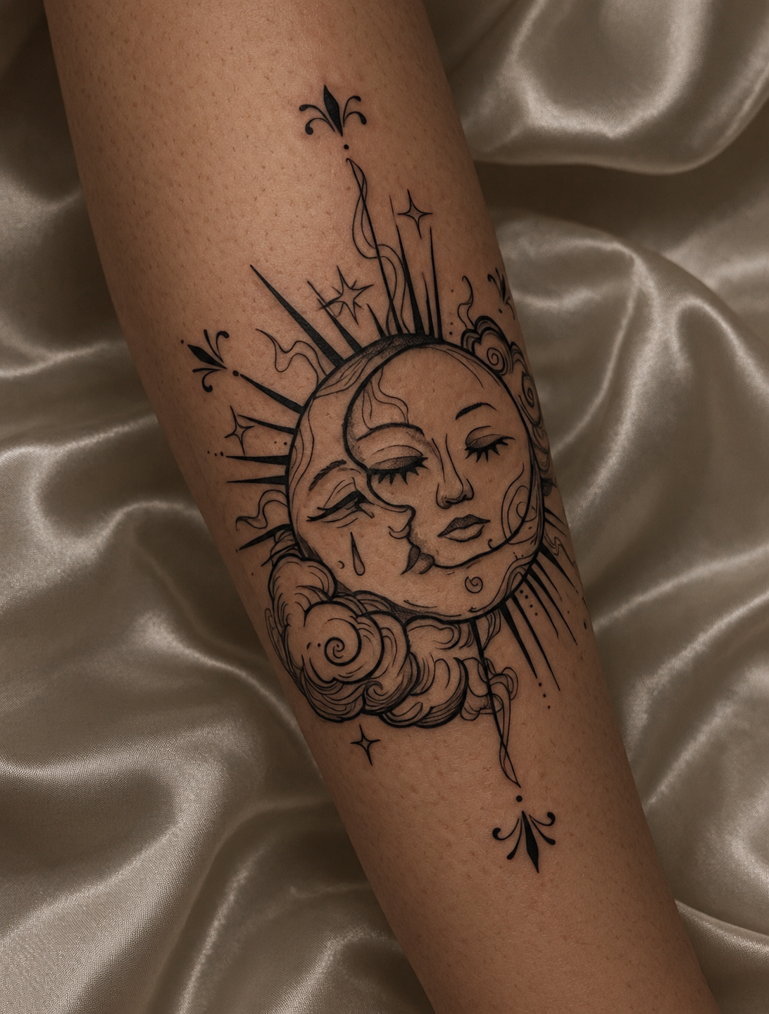 Tatuagem fine line celestial de sol e lua com rostos serenos, nuvens e estrelas