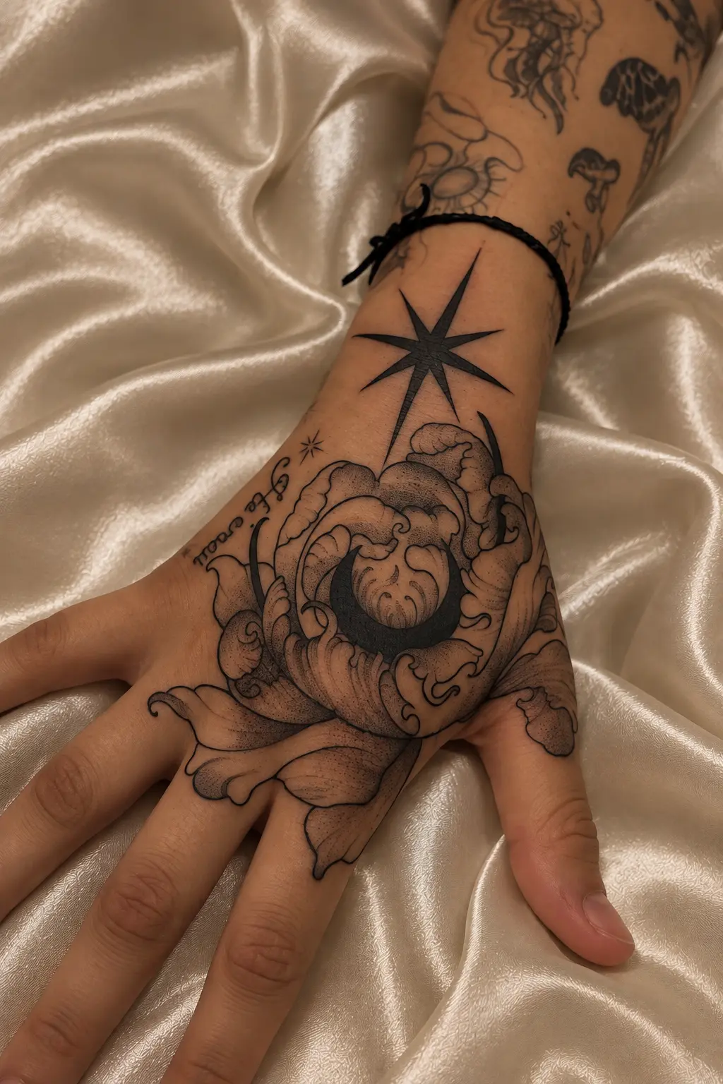 Tatuagem ornamental na mão com peônia pontilhada, lua crescente e estrela de oito pontas